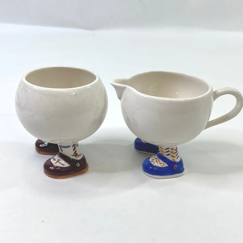 Carlton Ware Walking Ware Creamer Sugar Bowl England Blue Brown Shoes Vintage